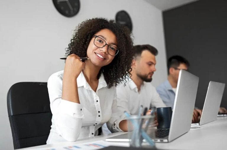 African American virtual legal assistant in white blouse