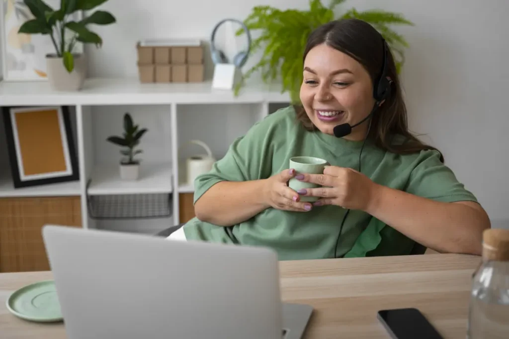 Home office Jappy woman working from home